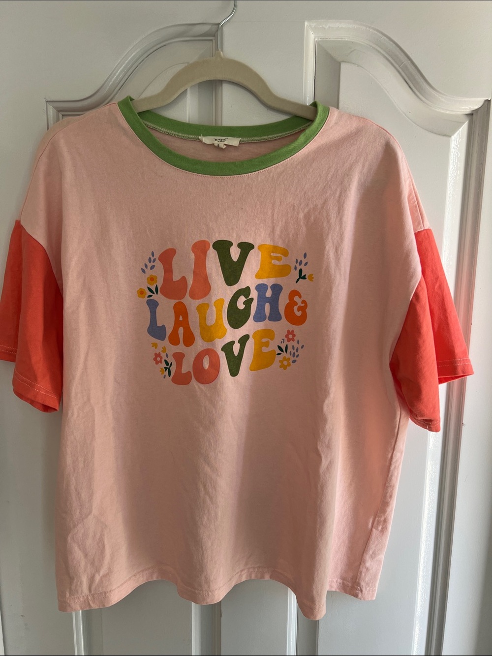 Live Laugh & Love Pink Colorblock Tee with Coral Sleeves